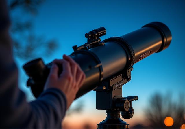Een beginnende astronoom bekijkt de maan door een compacte telescoop